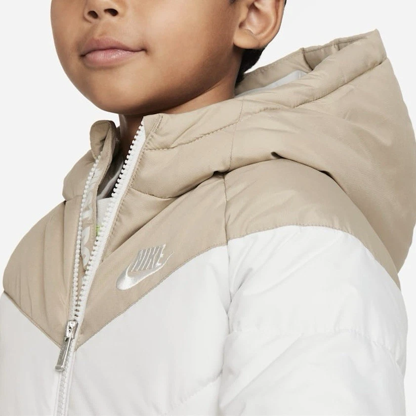 Nike Little Kids Sz 5-6 Hooded Chevron Puffer Jacket Colorblock Full Zip Khaki - Image 2 of 4