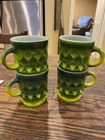 Vintage Set of 4 Fire King Anchor Hocking Diamond Pattern Coffee Cups Green