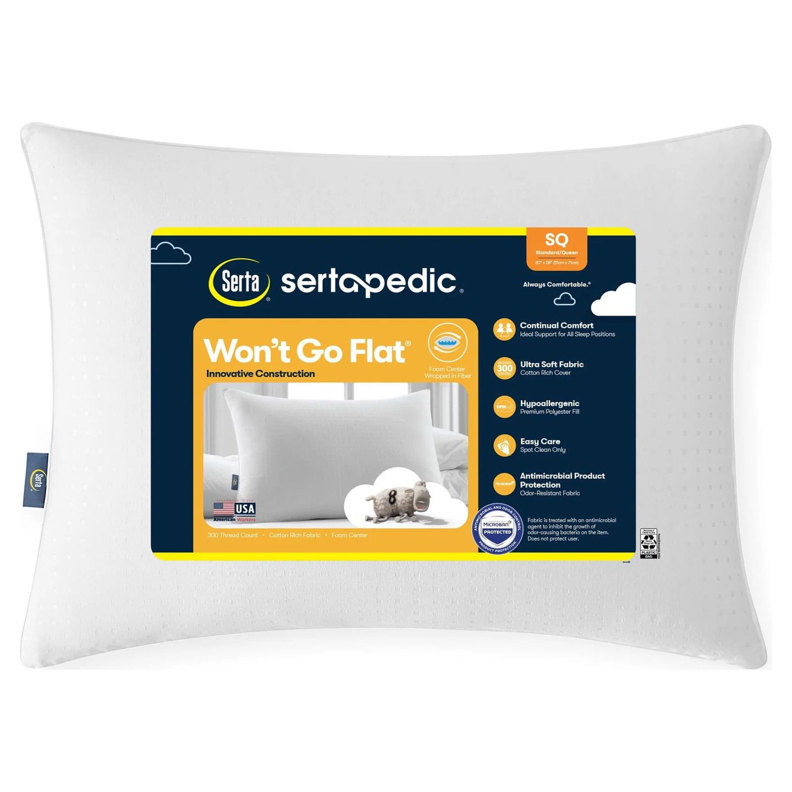 pedic Won'T Go Flat Standard/Queen Bed Pillow, Hypoallergenic