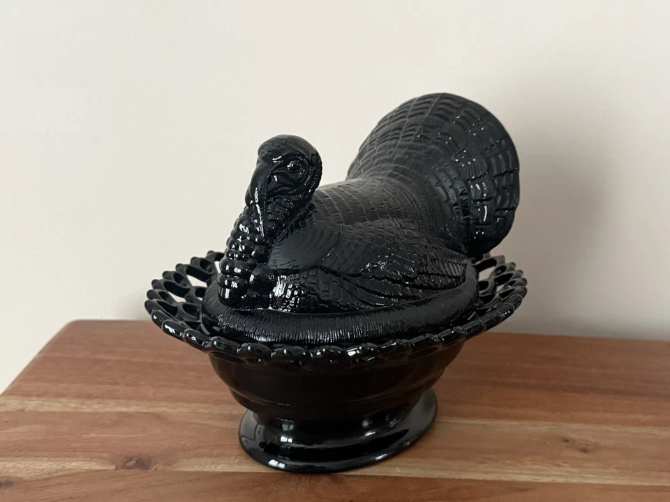 Mosser Glass USA Turkey on Nest BLACK GLASS w/Lace Edge THANKSGIVING Holiday