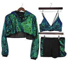 Revolution Dancewear S Sequin 3pc Dance Competiton Costum Crop Hoodie Bra Shorts