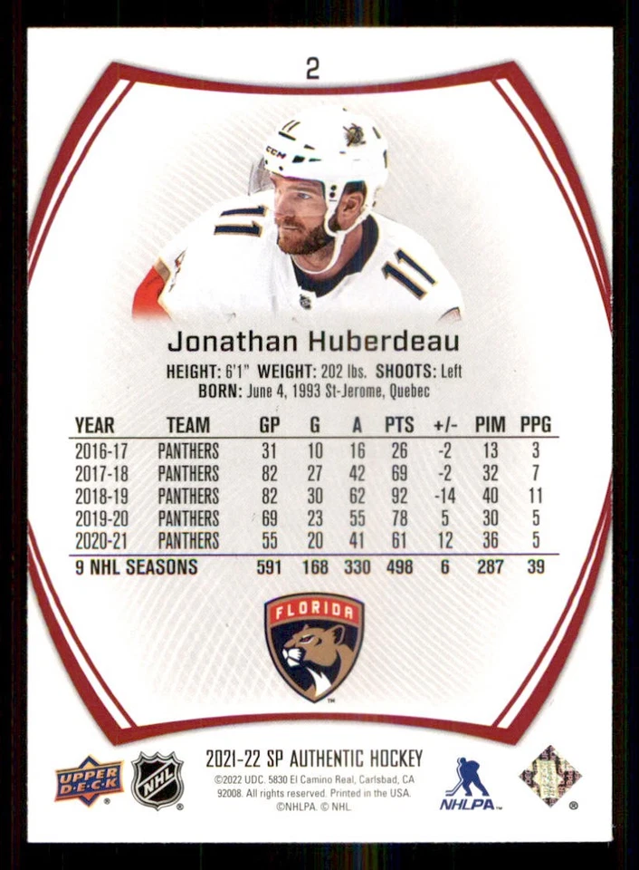 2021-22 SP Authentic Limited Red #2 Jonathan Huberdeau - Image 2 of 2