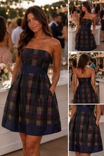 Next Strapless Plaid Tartan Cocktail Party Dress Pockets Purple Black 10 12 14