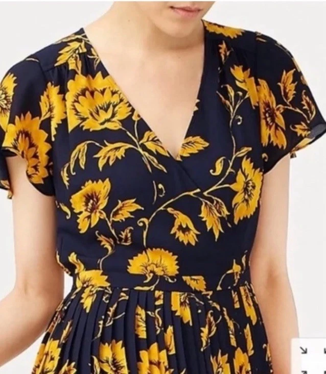 NUEVO SIN ETIQUETAS J. Vestido Crew Plisado Midi Floral Envolvente Azul Marino Amarillo Girasol Talla 8 Foto 3 de 3