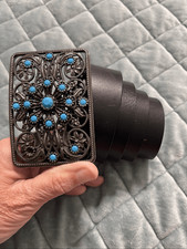 Western Style Filigree Faux Turquoise Silver Black Western Cowgirl Belt Size Med