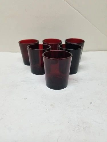 6 VTG ANCHOR HOCKING ROYAL RUBY RED SHOT VOTIVE CANDLE HOLDER GLASSES 2 1/2"