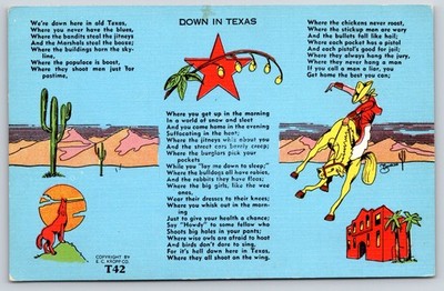 Down In Texas~Poem~Cactus~Cowboy On Bucking Bronco~Coyote Howling~Linen Postcard