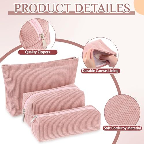 3 Pcs Makeup Bag Corduroy Cosmetic Bag Aesthetic Cute Preppy Pink Solid Style - Bild 3 von 6