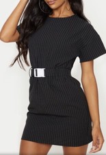 Pretty Little Thing Black Pin Stripe Belt T Shirt Dress Size 4 NWT.