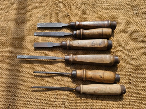 SET OF 6 VINTAGE GERMAN WOODWORKING WOOD CARVING CHISELS CHISEL ANTIQUE - Picture 11 of 19