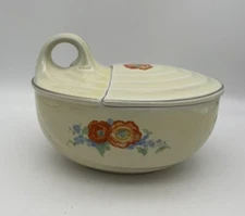 Hall China Co. Orange Poppy Loop Handled Leftover Dish w/Lid 1933-1953 USA