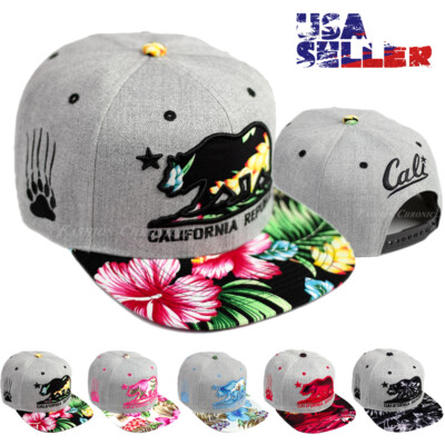 Mens California Republic Flag Hawaiian Snapback Flat Bill Hip Hop Baseball Caps