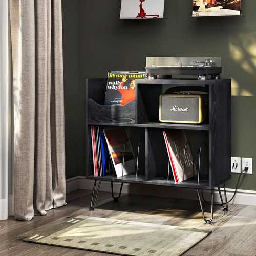 TC-HOMENY RGB LED Vinyl Record Player Stand Album Turntable Cabinet +Power Ports - Picture 10 of 19
