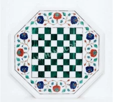 24" Chess Board white Marble chess inlay malachite Table Top  Home room decor