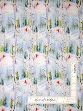 Christmas Birds In Forest Birch Cardinals Cotton Fabric QP Fabrics By The Yard