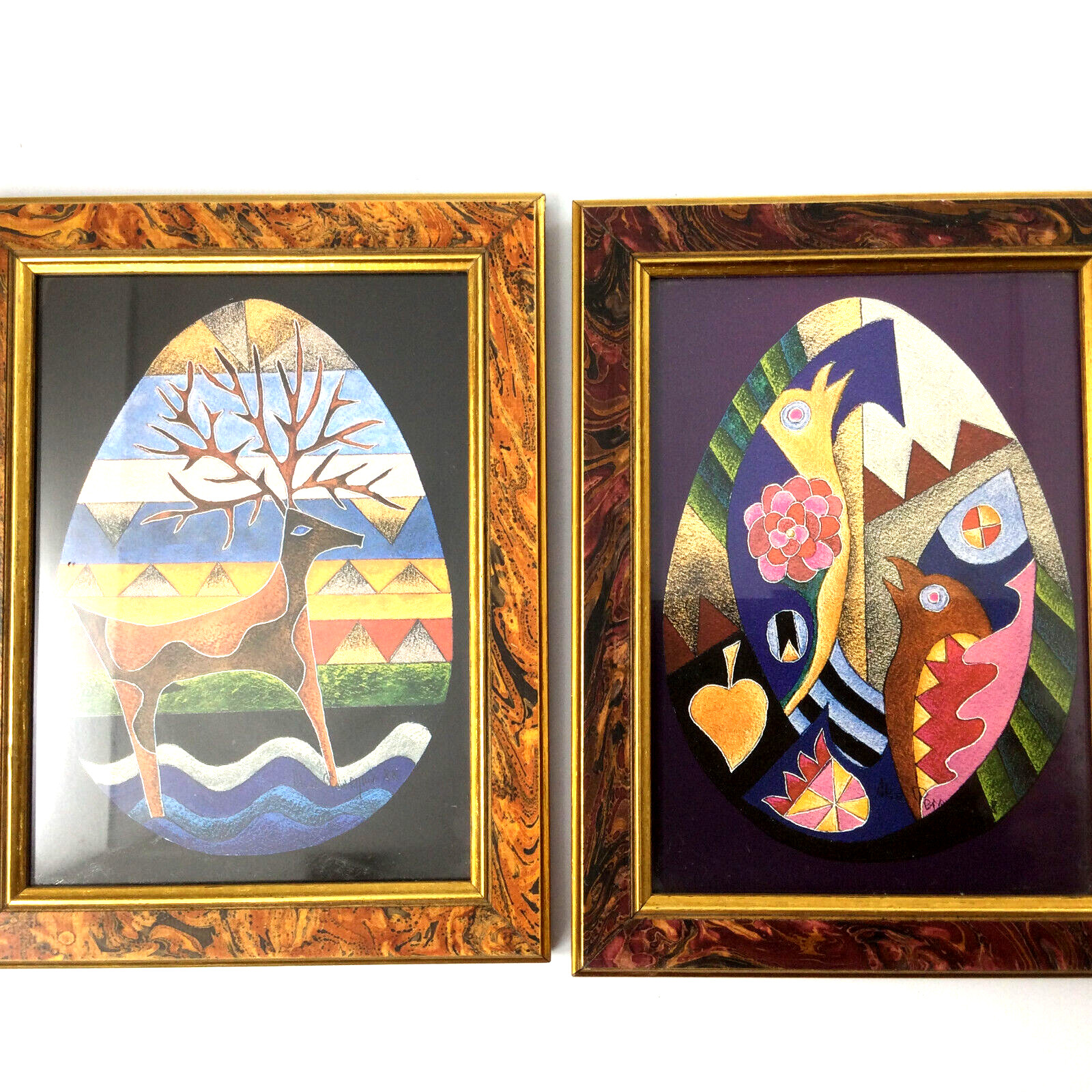 Art Prints Whimsical Colorful Set of 2 Deer Birds Framed 8