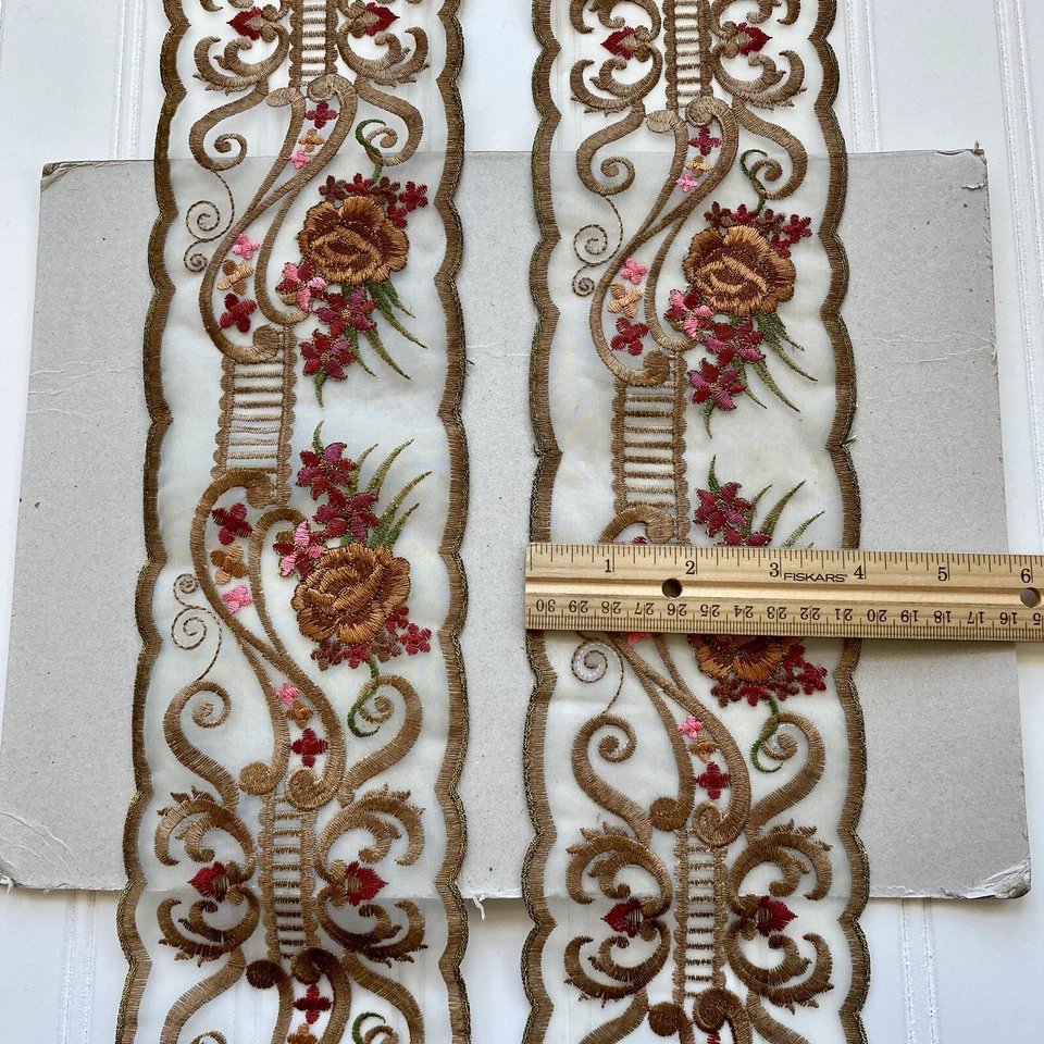 2 Yards Brown Floral Embroidered Double-edged Trim/Sewing/Crafts/Bridal/4" Wide - Image 3 of 4
