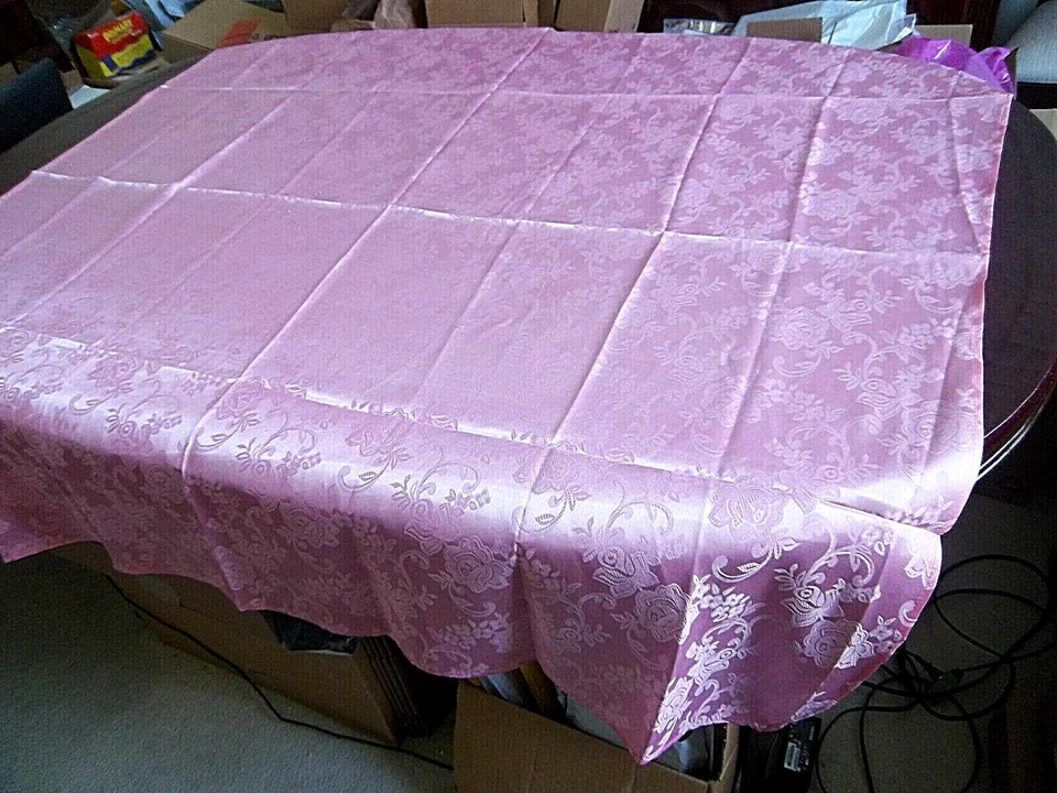 Pink Floral Damask Tablecloth 52" x 52" Shiny Silky 100% Polyester No Iron - Image 2 of 4