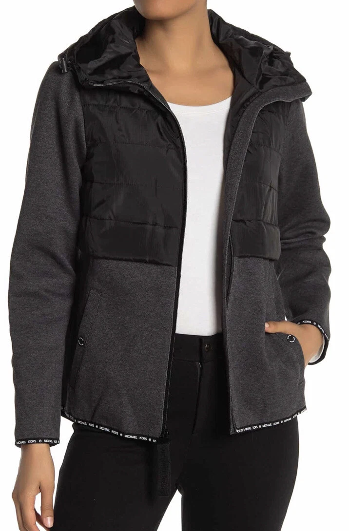 Giacca MICHAEL Michael Kors con cappuccio trapuntata maglia zip davanti L nera nuova con etichetta logo MK