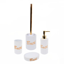 SET 4 ACCESSORI DA BAGNO IN CERAMICA BIANCO ORO SCOPINO PORTA E DOSA SAPONE BATH