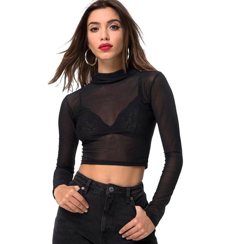 Damen Langarm transparentes Netz durchsichtig Rundhalsausschnitt Tops T-Shirt - Bild 7 von 12