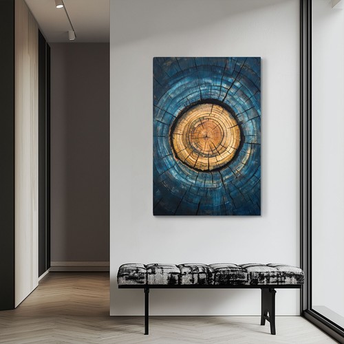 Wall Art Nature Blue Gold Tree Rings, Framed Canvas Print, Abstract Log Artwork - Picture 7 of 12