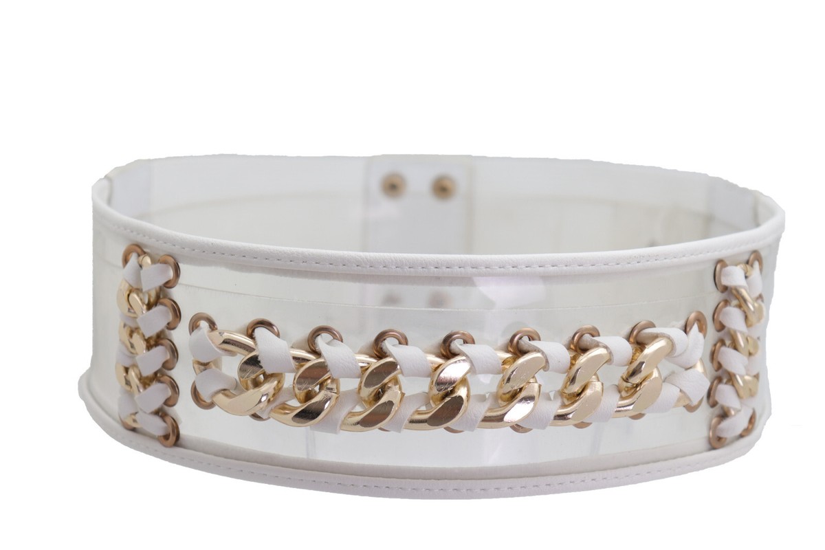 Women White Elastic Wrap Around Waistband Wide Belt Gold  display picture 3