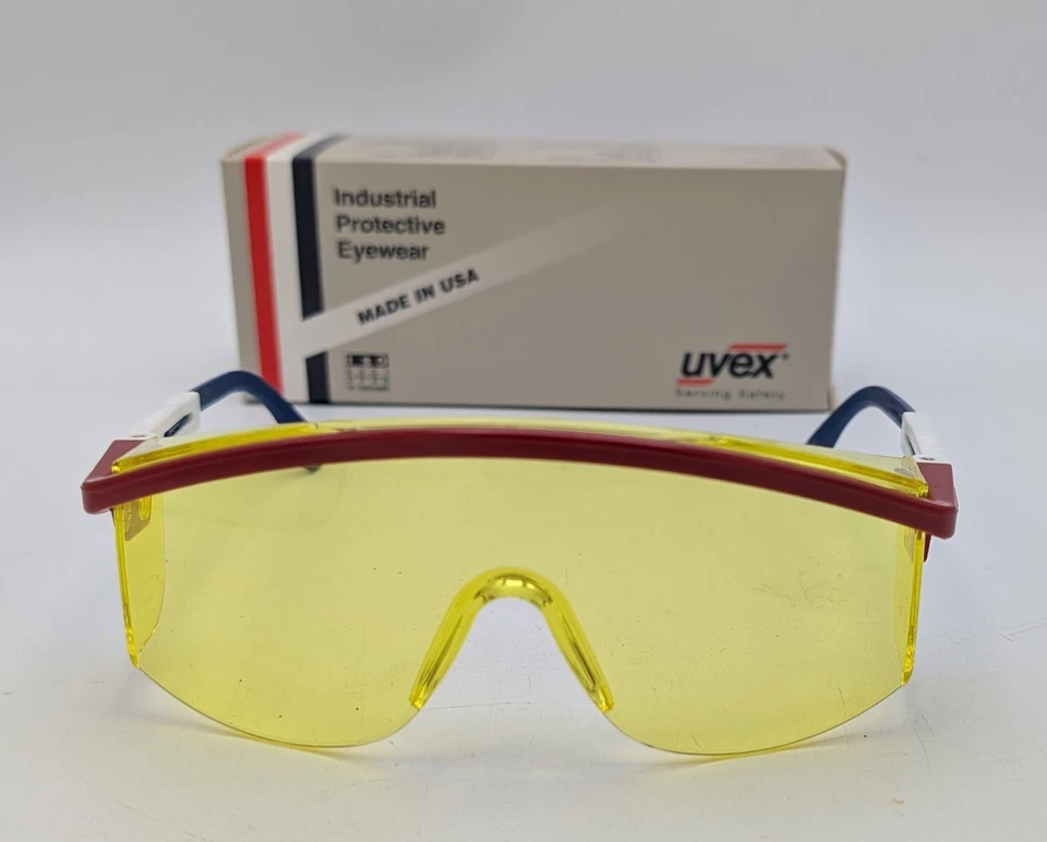 全新! NOS UVEX Astrospec 3000 Patriot 框架琥珀色镜片安全眼镜 美国制造 — 第 2/4 张图片