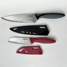 Zyliss Lot of 2 Kitchen Knives - Black Chef Knife & Red Hollow Edge Santoku
