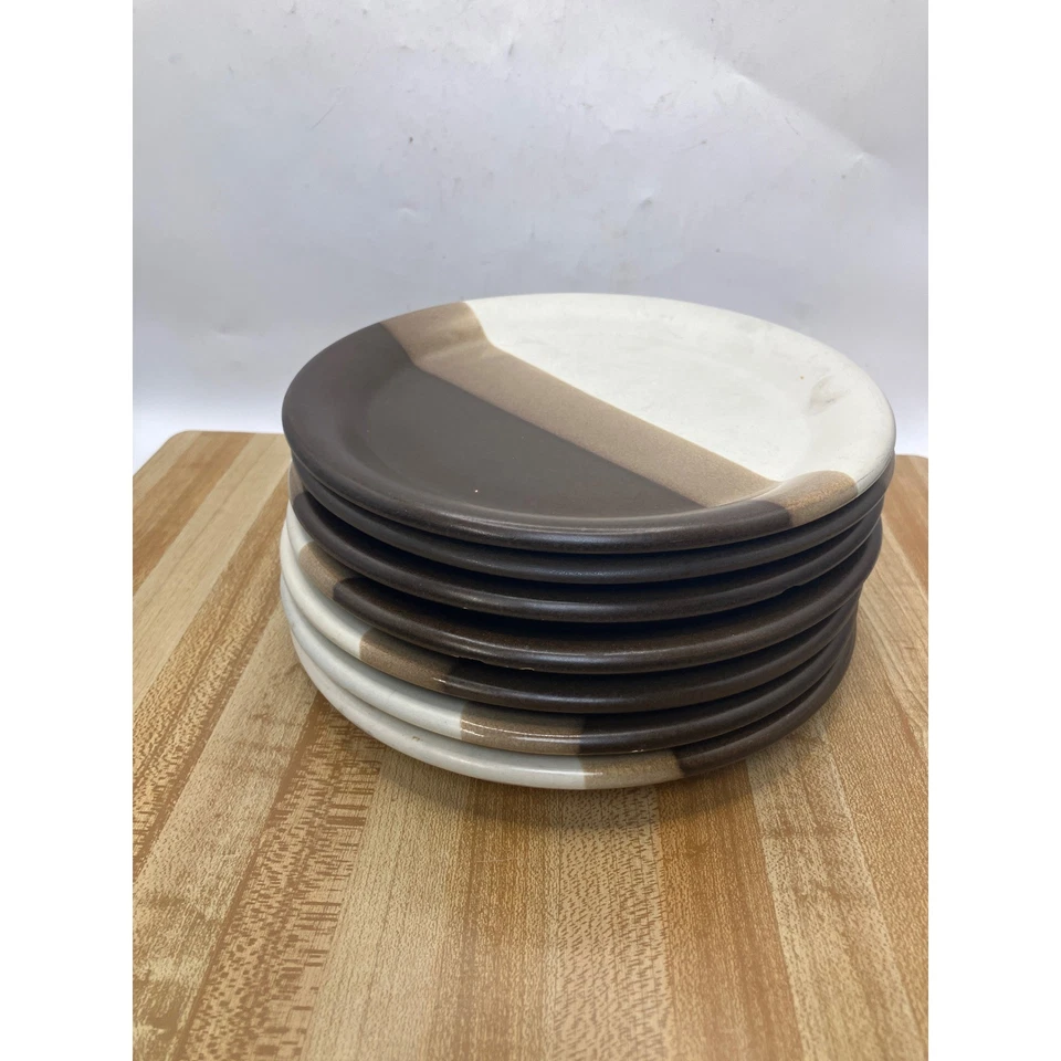 Set of 7 Vintage Two Tone Brown White Ceramic Plates Rustic Farmhouse - Image 2 of 4