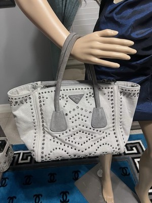 PRADA Light Gray Studded Tote Bag Double Handles Adjustable Strap Women