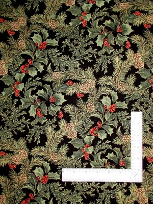 Christmas Pine Holly Black Gold Fabric By The Yard Winter Pines Cotton Benartex