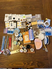 Vintage Sewing Supplies Notions Lot Needles Thread Buttons Hooks Ribbon & More