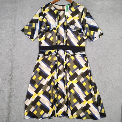 United Colors Of Benetton Dress Women's Large Multi Geometric Pintuck Ruffle NWT