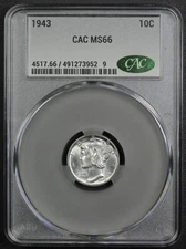 1943 Mercury Silver Dime 10C CACG MS 66 CAC