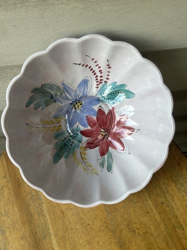 Vintage Arabia Finland Floral Scalloped Hand Painted Redware Bowl 10” Garden