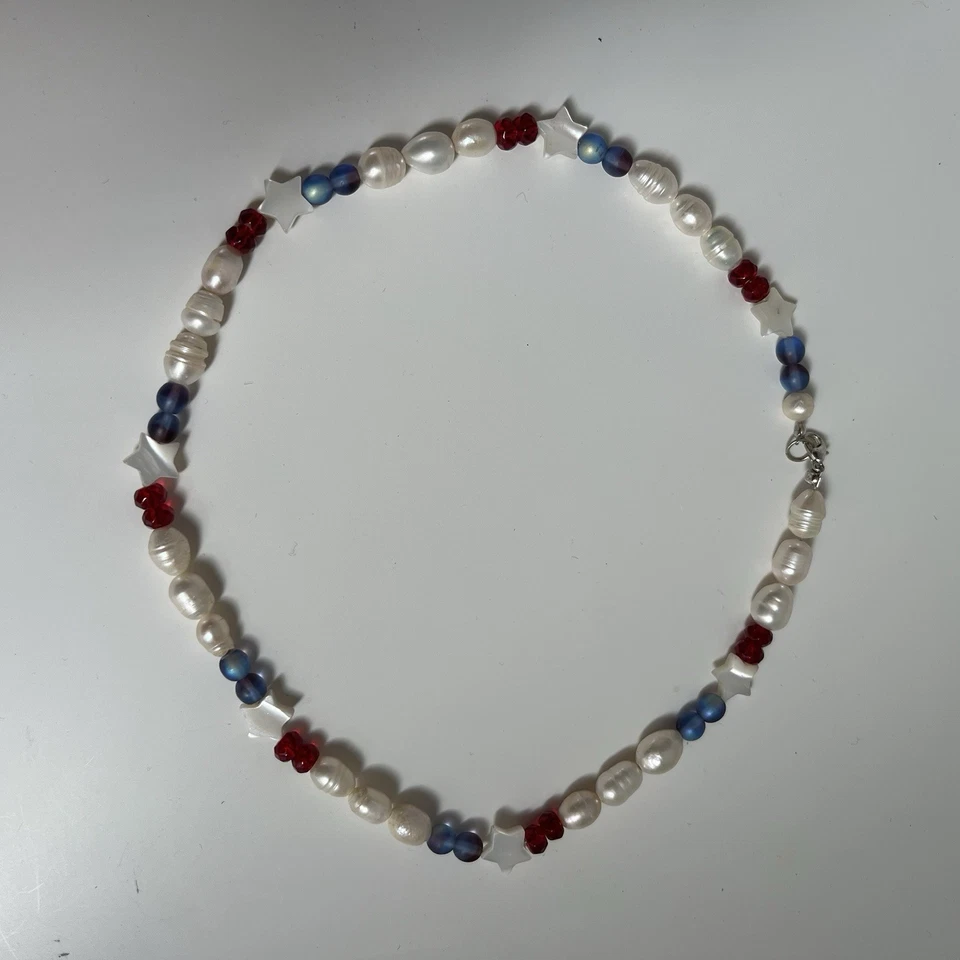 Collar Patriótico Con Perlas Genuinas, Cuentas, Estrellas, Rojo Blanco y Azul Lustre Foto 3 de 4