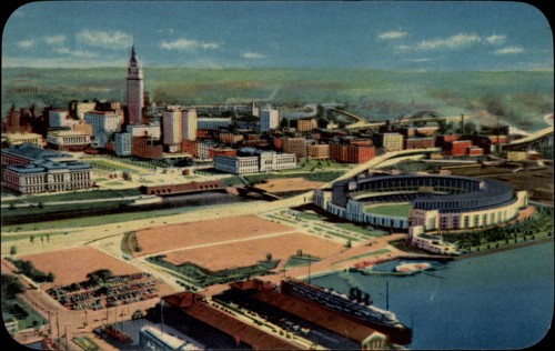 Cleveland OH Municipal Stadium East 9th St aerial 1950s unused vintage postcard