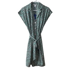 PopSugar Green Black Tulip Floral Shirt Dress Button Front Belted Pockets M NEW