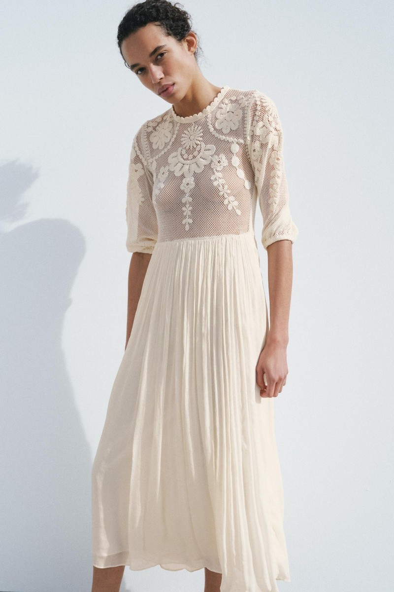 ZARA NEW WOMAN SS25 ZW COLLECTION EMBROIDERED DRESS Ecru