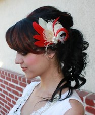 Fascinator feather clip red champagne ivory peacock bridal photo prop headdress