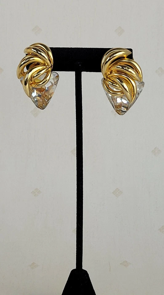 Gold 10K Plated Chunky Statement Triangle Faceted Clear Stone Clip Earrings - Image 4 of 4