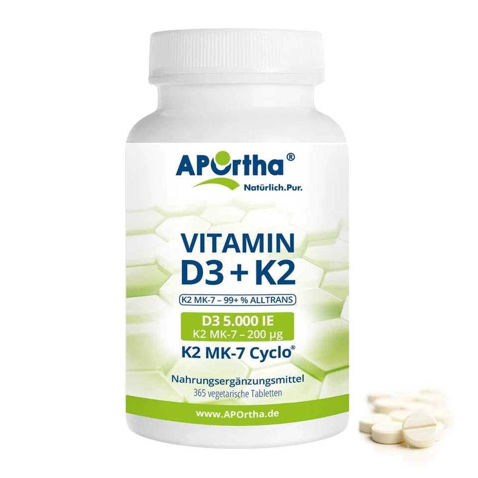 APOrtha Vitamin D3 5.000 I.E + 200 µg K2 99+% ALL-Trans, 365 Tabletten