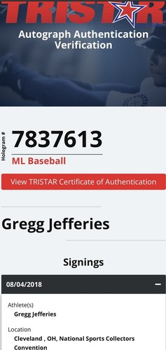 Gregg Jefferies New York Mets Signed Autograph Baseball 2x All Star TRISTAR COA - Picture 4 of 13