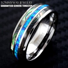 8mm Tungsten Carbide Men's Abalone and Hawaiian Blue Opal Wedding Band Ring