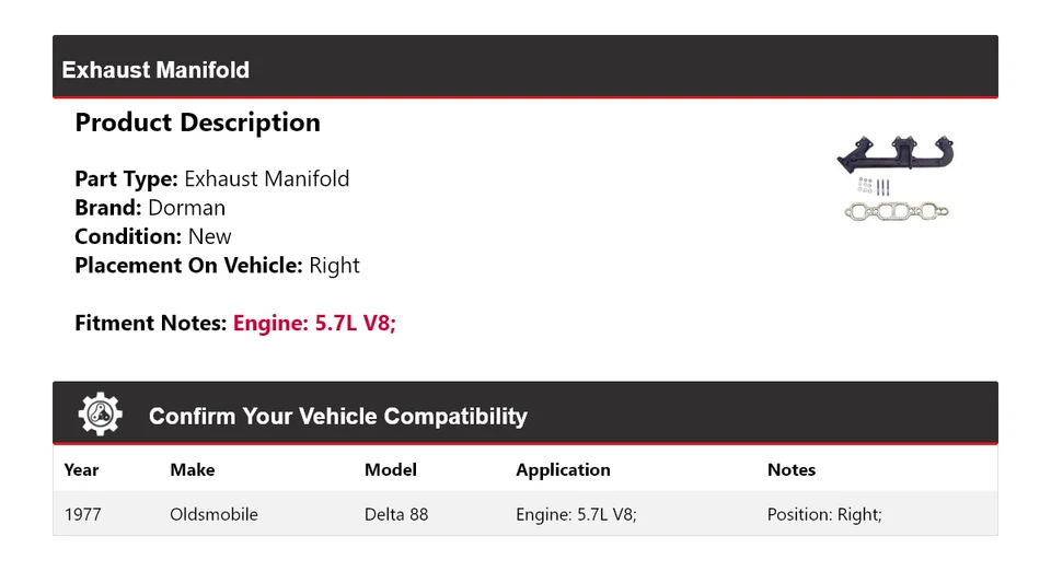 Colector de escape derecho Oldsmobile Delta 88 1977 5,7 L V8 Dorman Foto 2 de 4