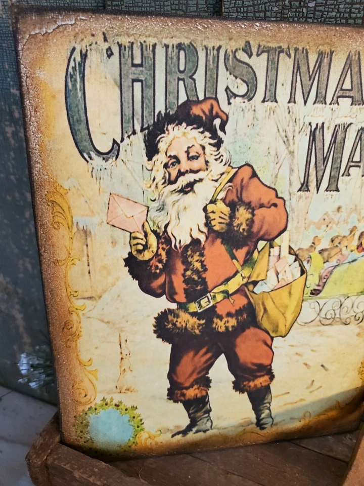 PRIMITIVE VICTORIAN VINTAGE STYLE CHRISTMAS MAIL WITH SANTA LETTERS CANVAS SIGN - Image 2 of 4