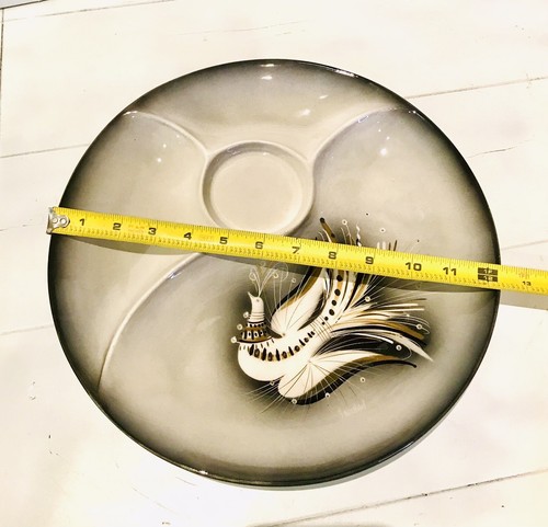 MCM Vintage Sascha Brastoff Platter Dip Sectioned Bird Feather Jeweled Signed - Picture 9 of 12