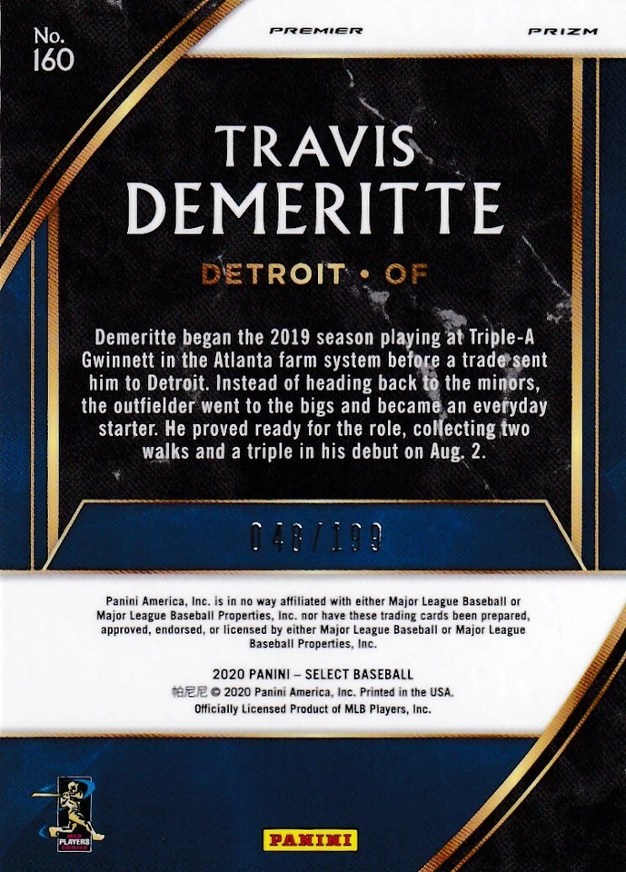 2020 SELECT PRIZMS RED /199 RC TRAVIS DEMERITTE DETROIT TIGERS PREMIER - C2144 - Image 2 of 2