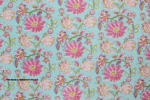 Tissu Coton Indien Vert – Imprimé Floral Main Au Bloc – Sanganeri – 4,6 Mètres